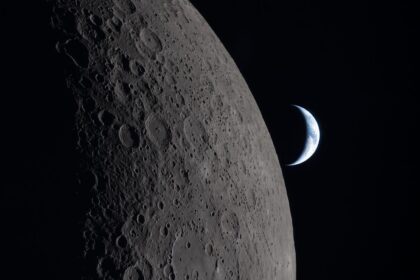 A panoramic view of the Moon, with the beautiful Earth behind it.