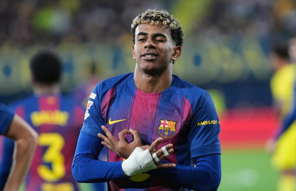 The young Spanish player celebrating a stunning goal in his own signature style.