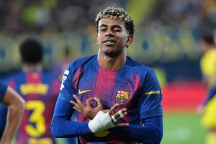 The young Spanish player celebrating a stunning goal in his own signature style.