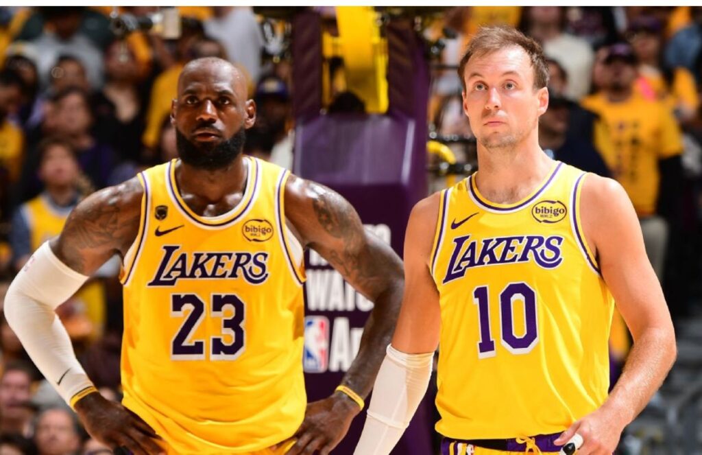 LeBron and Kennard playing defense in the middle of a playoff game against the Rockets.