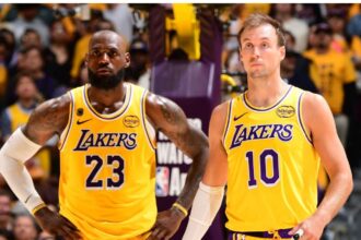 LeBron and Kennard playing defense in the middle of a playoff game against the Rockets.