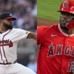 On one side, the pitcher from the Atlanta Braves, and on the other, the batter from the Los Angeles Angels.