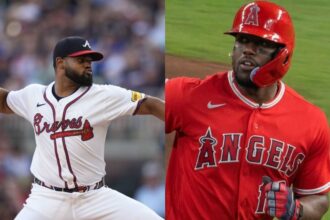 On one side, the pitcher from the Atlanta Braves, and on the other, the batter from the Los Angeles Angels.