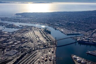 A panoramic view of the Port of Los Angeles.