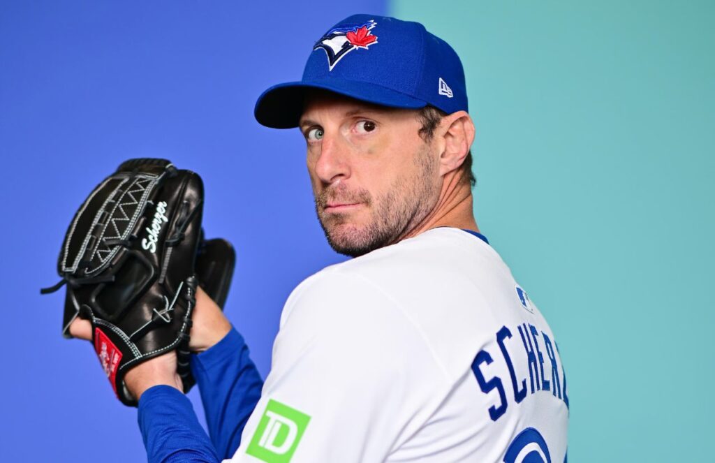 Max Scherzer posing for the cameras during a photo session for his team.