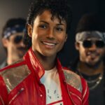 Michael Jackson wearing the iconic outfit from Beat It while filming the song’s music video.