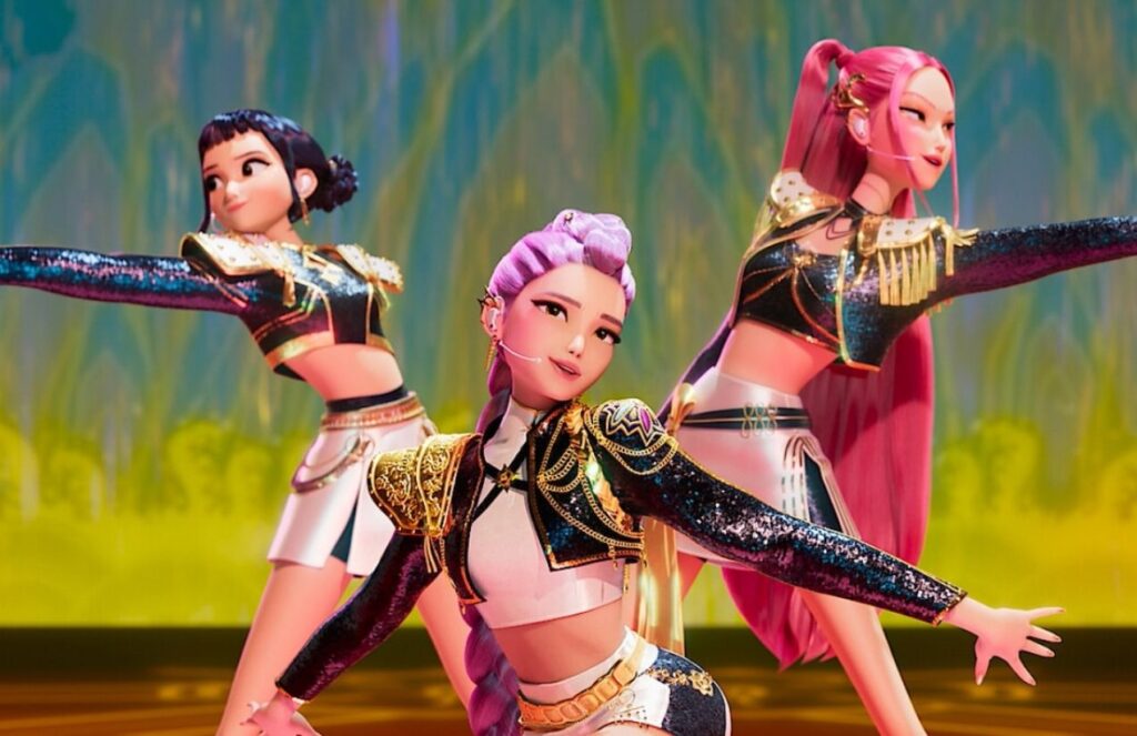 The protagonists of the animated film posing in the middle of one of their performances.