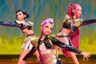 The protagonists of the animated film posing in the middle of one of their performances.