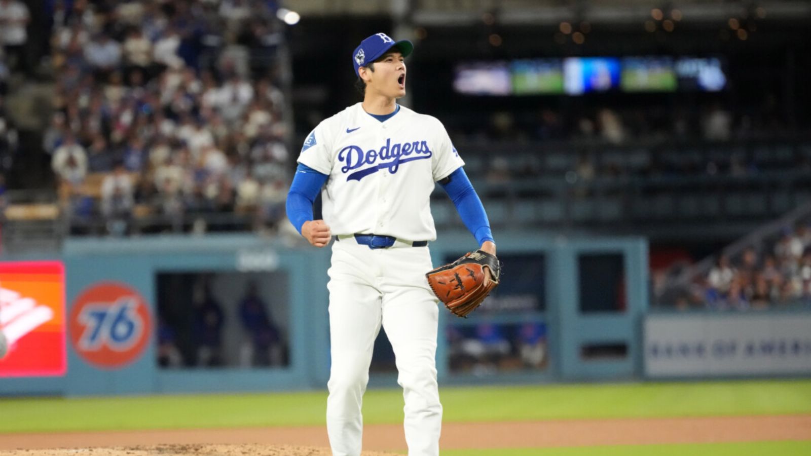 The incredible Japanese star on the mound celebrating a strikeout against one of his opponents.
