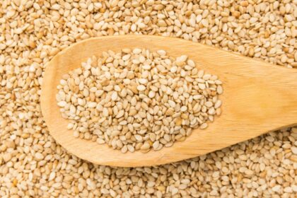 A spoon filled with sesame seeds overflowing from it.