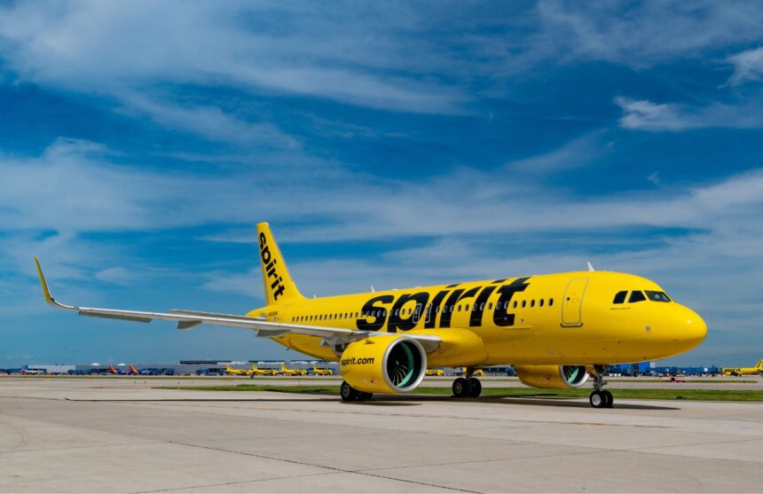 A Spirit Airlines airplane with its distinctive yellow color parked in the middle of an airport.