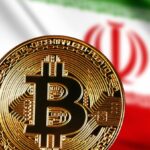 A Bitcoin coin in front of the Iran flag with its green, white, and red colors.
