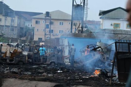 Several structures reduced to ashes while survivors try to search for the injured.