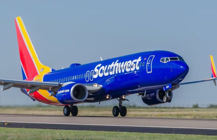 A blue airplane with a colorful tail about to take off from the runway