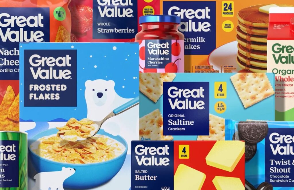 Various Walmart products with a new look, more colorful and clearer in their information.