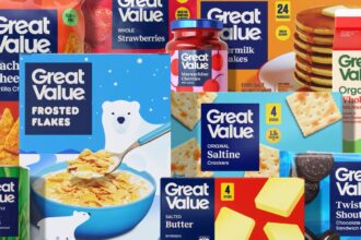 Various Walmart products with a new look, more colorful and clearer in their information.