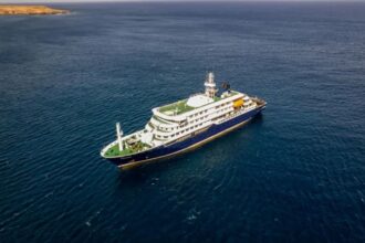 A cruise ship affected by Hantavirus in the middle of the sea.