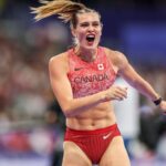 The famous Canadian athlete celebrating euphorically after one of her competitions.