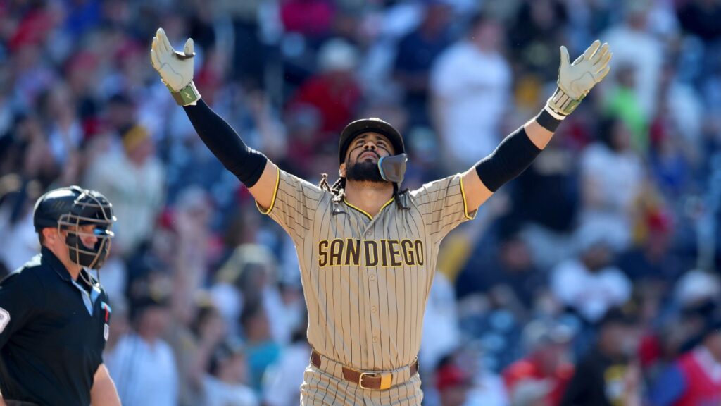 Fernando Tatis Jr. ends his drought and goes deep again Tatis celebrating while looking toward the sky after hitting his first home run of 2026.