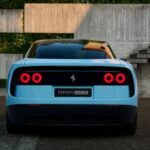 The new electric Ferrari car, seen from the back with a beautiful light blue color and the striking horse logo.