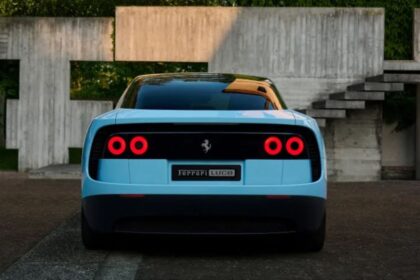 The new electric Ferrari car, seen from the back with a beautiful light blue color and the striking horse logo.