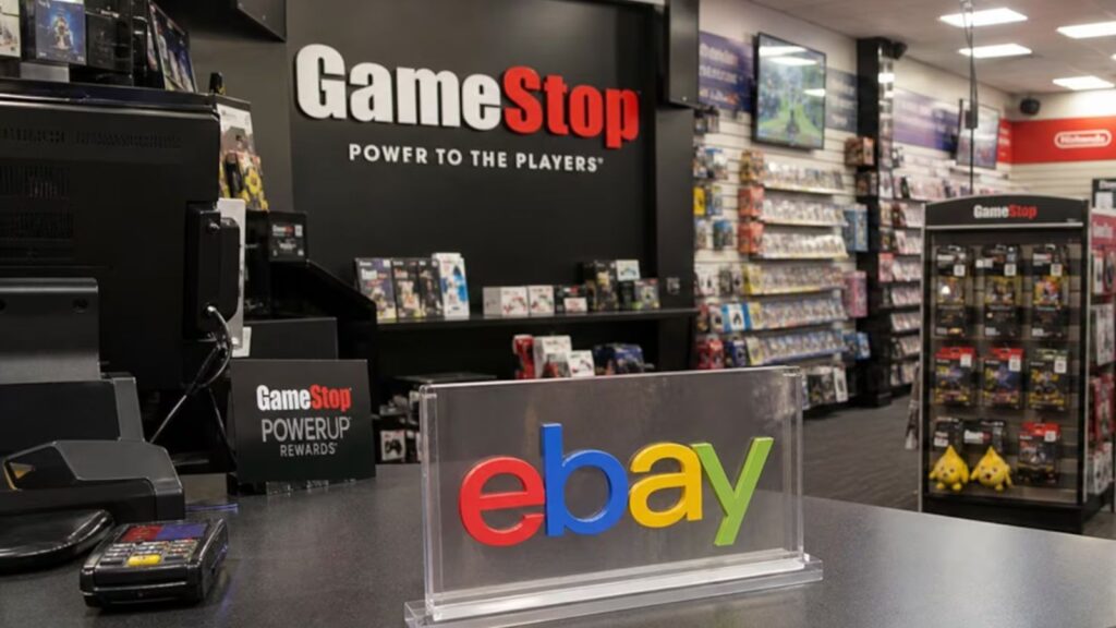 A technology store displaying the names of GameStop and eBay.