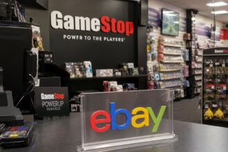 A technology store displaying the names of GameStop and eBay.