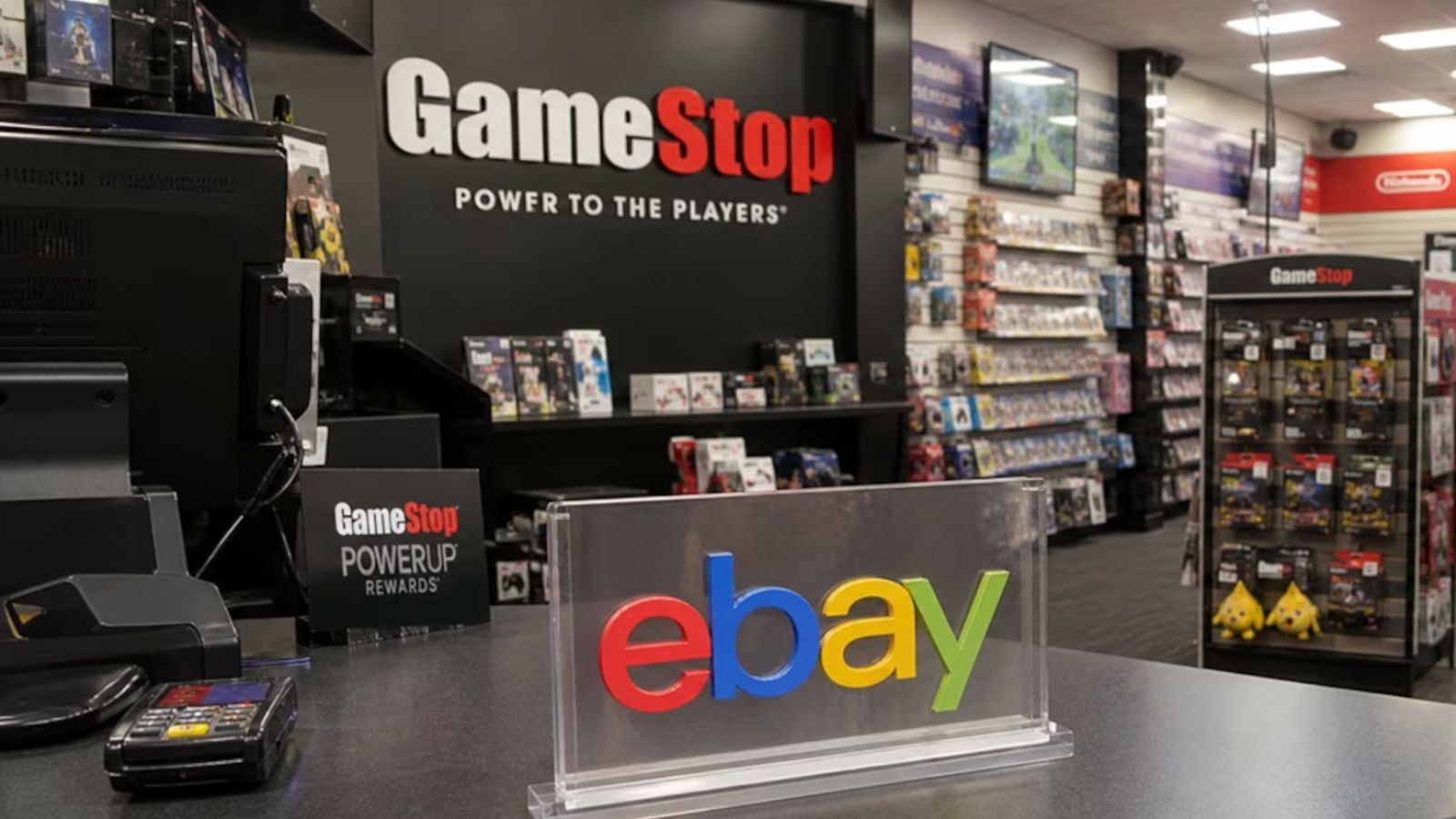 A technology store displaying the names of GameStop and eBay.