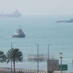 A panoramic view of the Strait of Hormuz from one of the nearby ports.