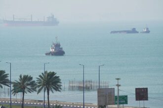 A panoramic view of the Strait of Hormuz from one of the nearby ports.
