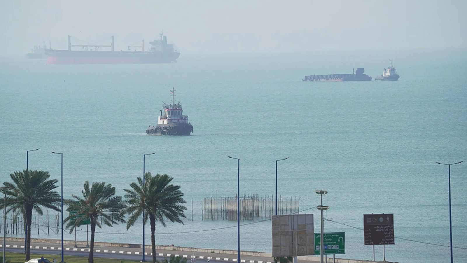 A panoramic view of the Strait of Hormuz from one of the nearby ports.