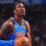The Oklahoma City Thunder star preparing to shoot a free throw from the line.