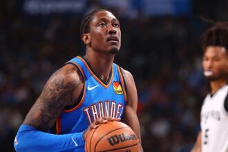 The Oklahoma City Thunder star preparing to shoot a free throw from the line.