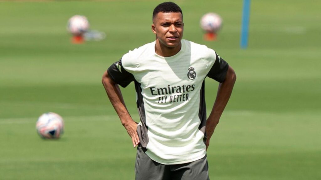 The French player wearing the Real Madrid training kit.
