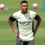 The French player wearing the Real Madrid training kit.