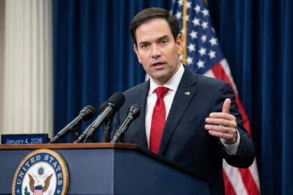 Marco Rubio claims Cuba rejected massive humanitarian aid offered by the United States Marco Rubio giving a speech in front of a large audience.
