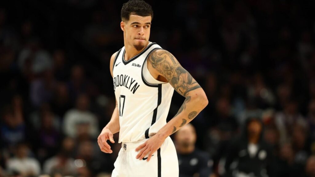 Michael Porter Jr. wearing the Brooklyn Nets uniform in the middle of a game.