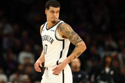 Michael Porter Jr. wearing the Brooklyn Nets uniform in the middle of a game.