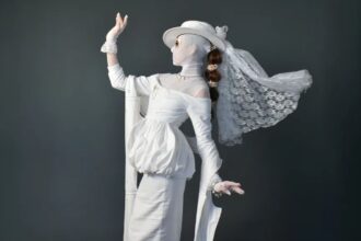 A woman wearing an eccentric white dress posing for the cameras.