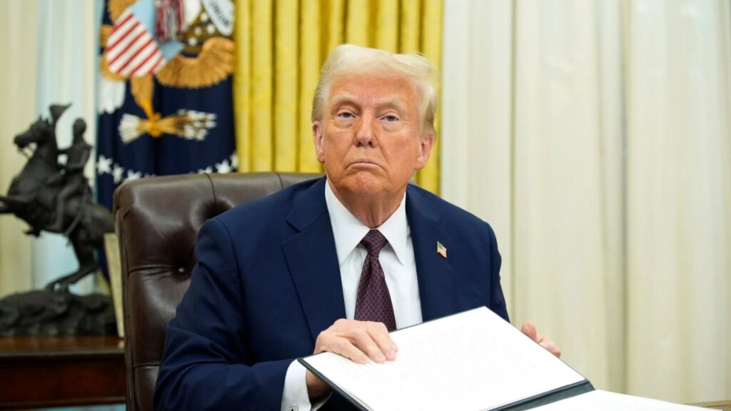 Donald Trump sitting in his office while reviewing some physical documents.
