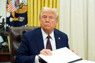 Donald Trump sitting in his office while reviewing some physical documents.