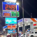 A gas station in the United States with vibrant colors and several cars refueling.