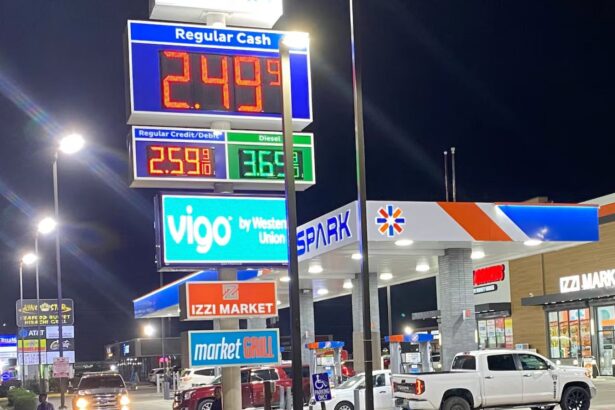 A gas station in the United States with vibrant colors and several cars refueling.