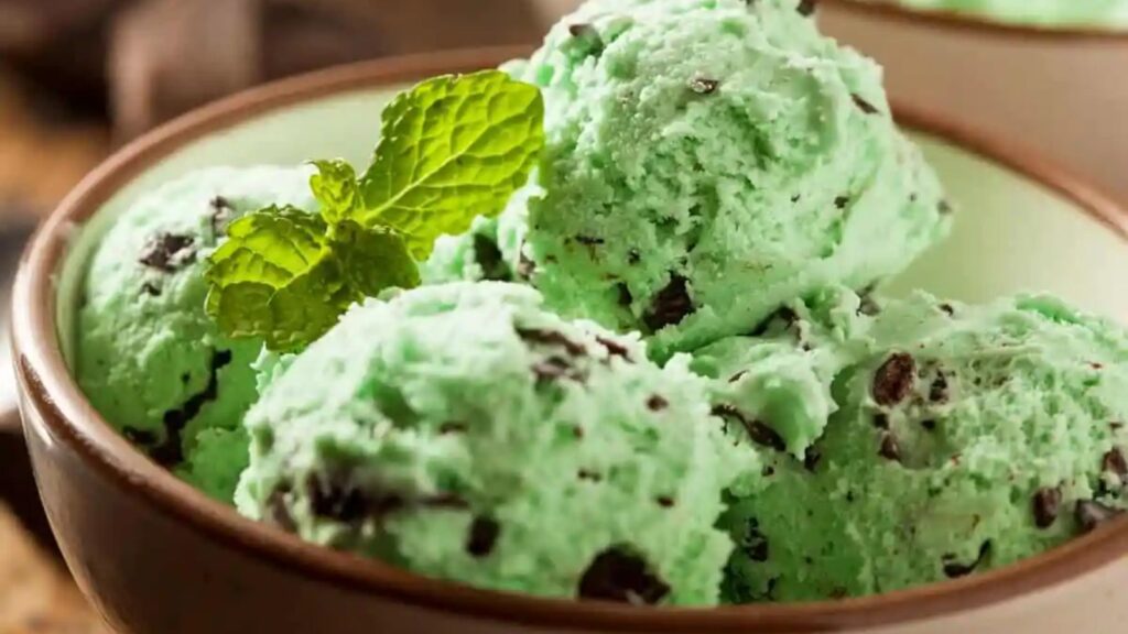 A bowl of organic mint chocolate ice cream.
