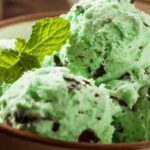 A bowl of organic mint chocolate ice cream.