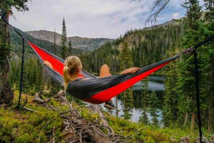 A woman sitting in a hammock tied between two trees while overlooking a landscape filled with nature.