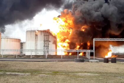 A Russian oil facility on fire after the Ukrainian attack.