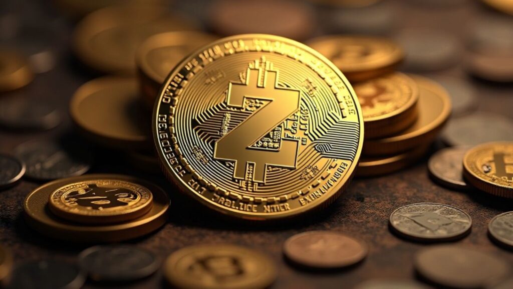 A golden coin with the cryptocurrency symbol, featuring the letter “Z” crossed by two vertical lines in the center.