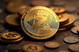 A golden coin with the cryptocurrency symbol, featuring the letter “Z” crossed by two vertical lines in the center.