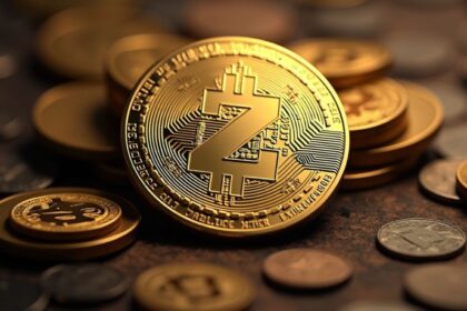 A golden coin with the cryptocurrency symbol, featuring the letter “Z” crossed by two vertical lines in the center.